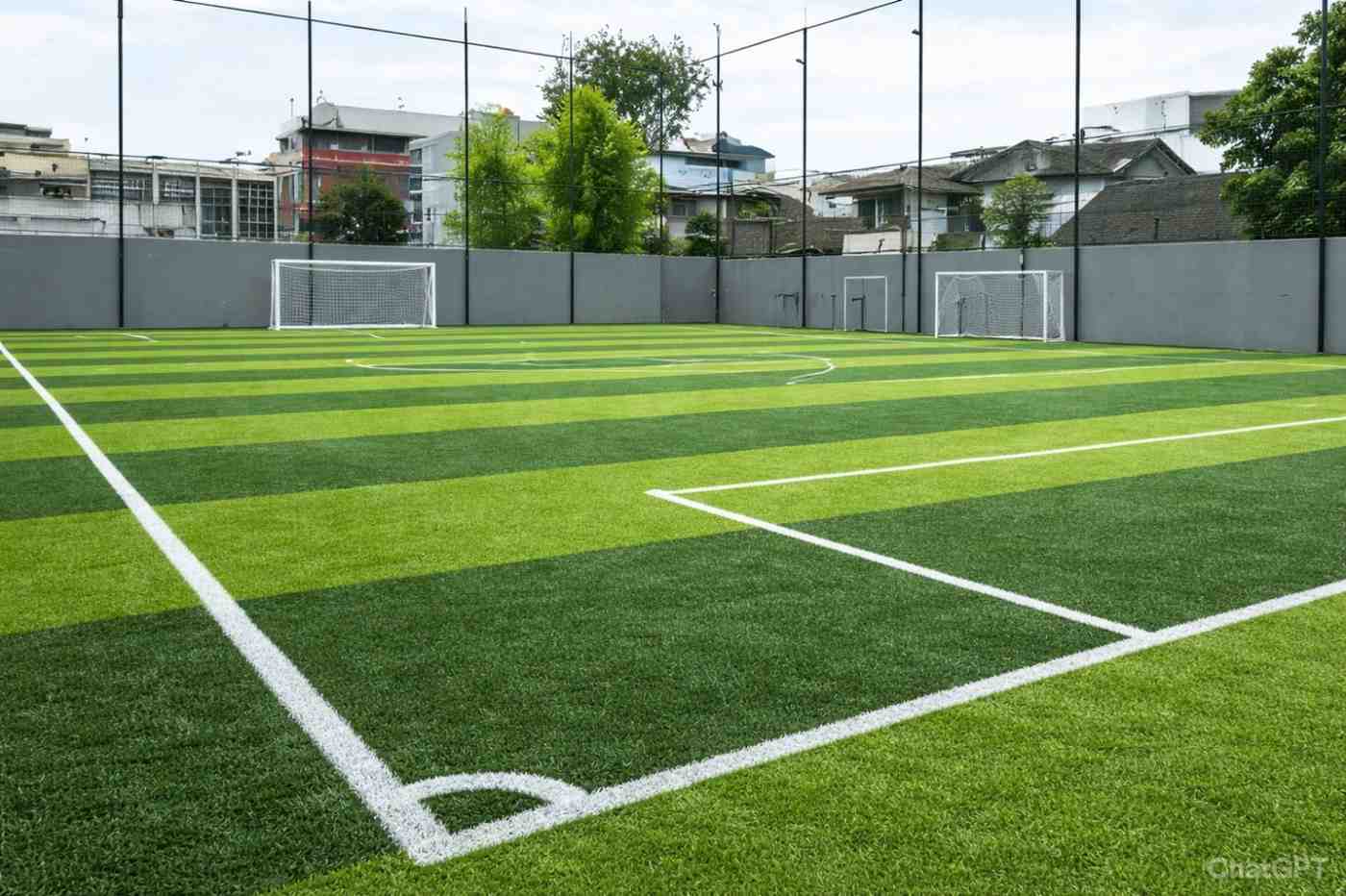 Outdoor football turf ground in Sikkim with artificial green grass, white boundary markings and goal posts