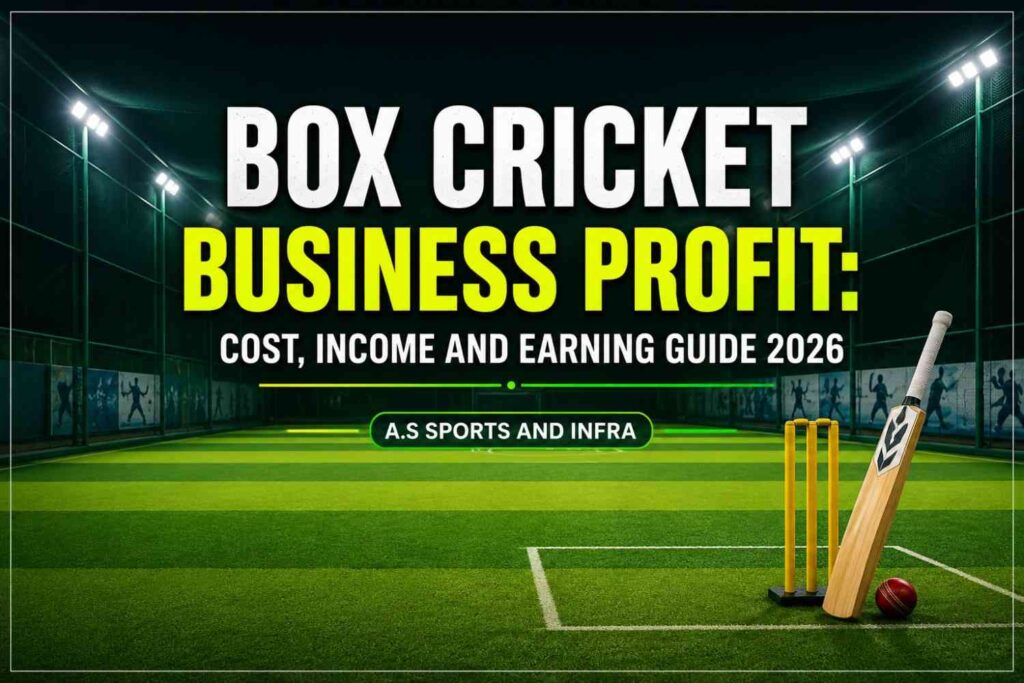 Modern indoor box cricket turf with flood lights showing box cricket business profit and earning guide 2026.