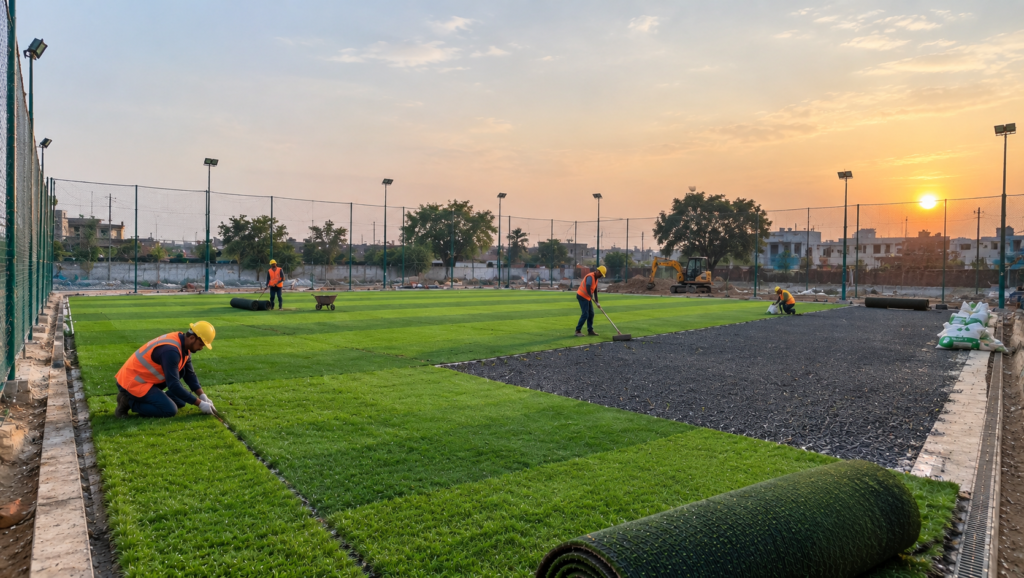 Artificial turf installation with drainage base in Noida
