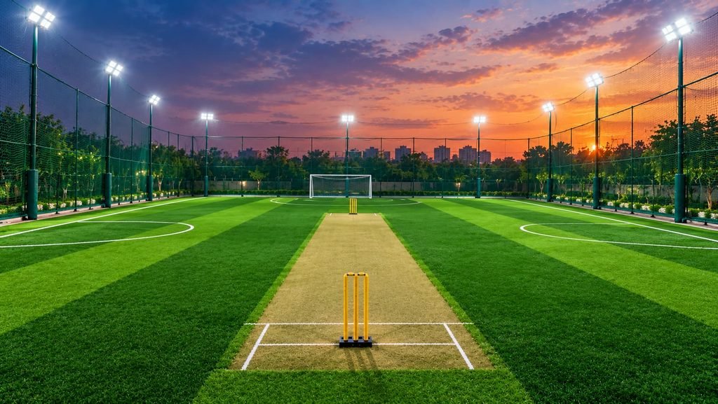 Cricket and football turf facility with artificial grass, cricket pitch, football goal and floodlights`

